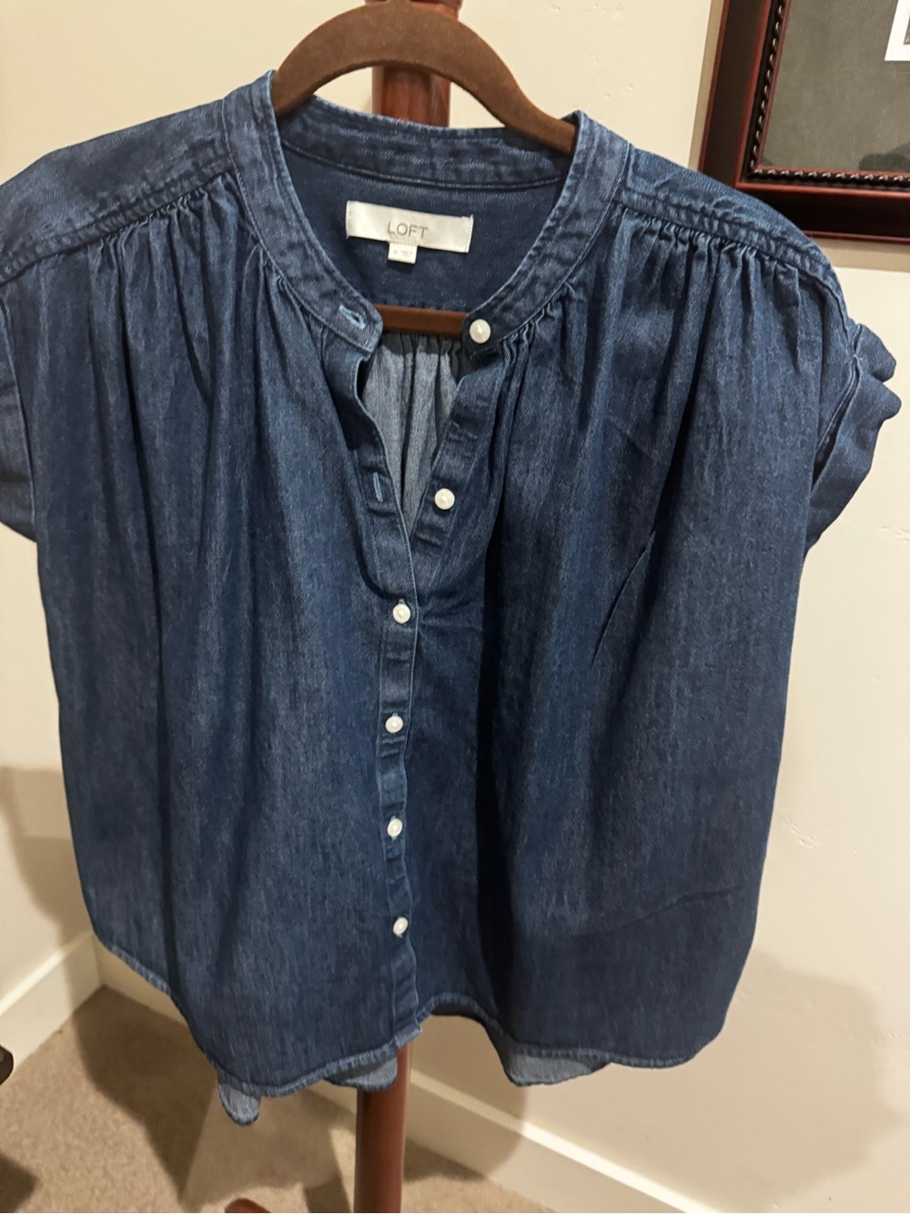 LOFT Dark Blue Chambray Button-Front Short Sleeve Top
